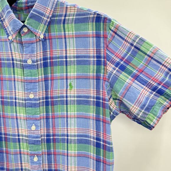 Ralph Lauren Men's 100% Linen Button Down Shirt Sz S Blue Plaid Short Sleeve - Picture 3 of 8